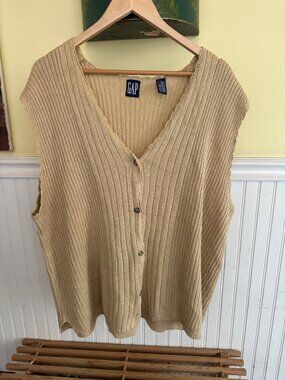 Gap vintage 90s Ribbed Linen-Blend Button-Down Sleeveless Cardigan Vest Beige L